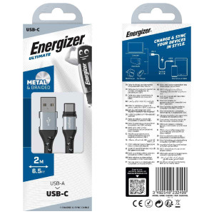 Καλώδιο σύνδεσης Energizer Metal / Braided Nylon σε USB-C 2m Ασημί