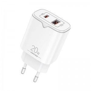 Vipfan E08 network charger, USB + USB-C, 20W PD + QC 3.0 (white)