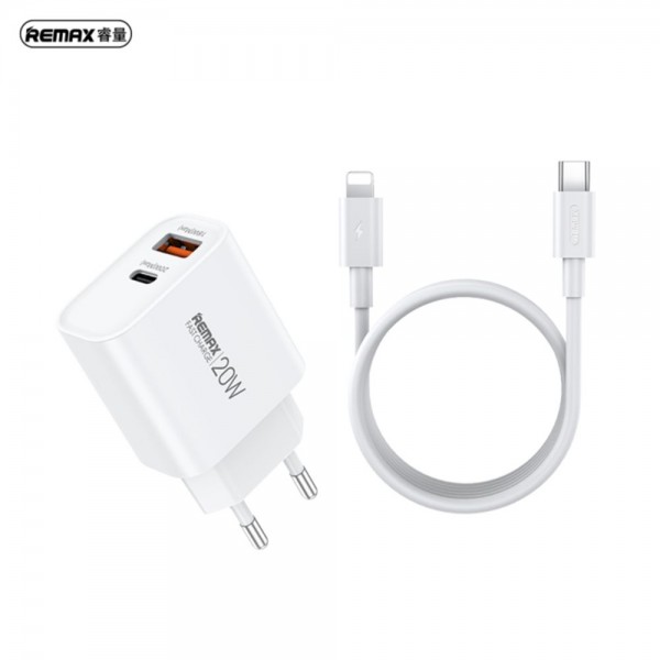 Φορτιστής REMAX Fast Charger RP-U120 20W με USB-A+USB-C με Καλώδιο Lightning 1m Λευκό