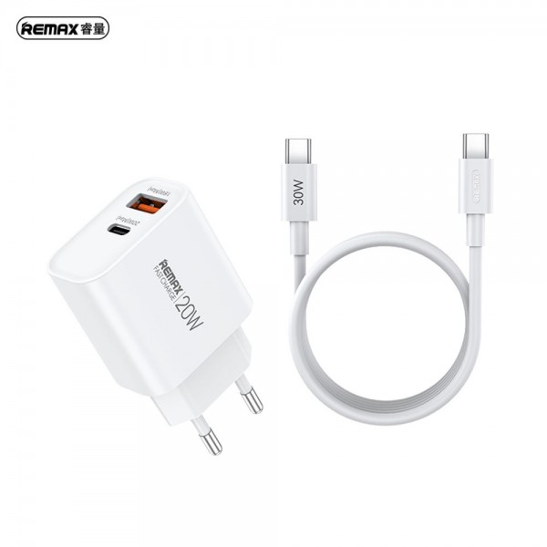 Φορτιστής REMAX Fast Charger RP-U120 20W με USB-A+USB-C με Καλώδιο USB-C Λευκό