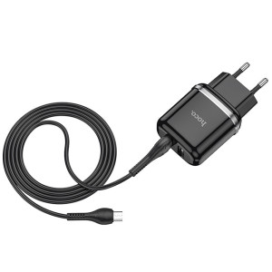 Hoco - Wall Charger Aspiring (N4) - 2xUSB-A, 12W, 2.4A with Cable USB-A to Micro-USB, 1m - Black