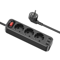 Hoco - Extension Cord (NS2) - 3xUSB-A, 3xSocket, 2.4A, EU Plug, 1.8m - Black Hoco - Extension Cord (NS2) - 3xUSB-A, 3xSocket, 2.4A, EU Plug, 1.8m - Black