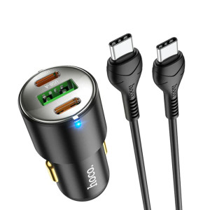 Hoco - Car Charger (NZ6) - USB-A, 2xUSB Type-C, QC 3.0, PD 45W, 5A with Type-C to Type-C Cable 1m - Black