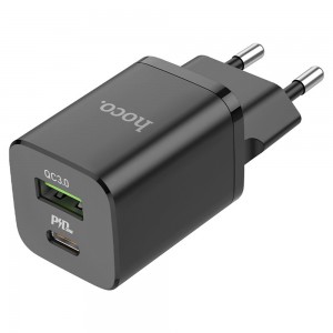 Hoco - Wall Charger Bright (N13) - USB-A, USB Type-C, QC 3.0, PD 30W, 3.0A - Black