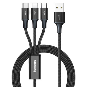 Baseus - Data Cable Rapid Series 3in1 (CAJS000001) - USB to Type-C, Lightning, Micro-USB 3.5A, 1.2m - Black