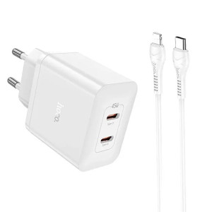 Hoco - Wall Charger Streamer (N35) - Dual Port 2x Type-C PD45W with Cable Type-C to Lightning - White