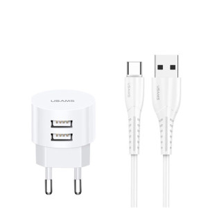 Usams - Travel Charging Set (XTXLOGT18TC05) - T20 Dual USB Round Travel Charger with U35 Type-C data cable, 1m - White
