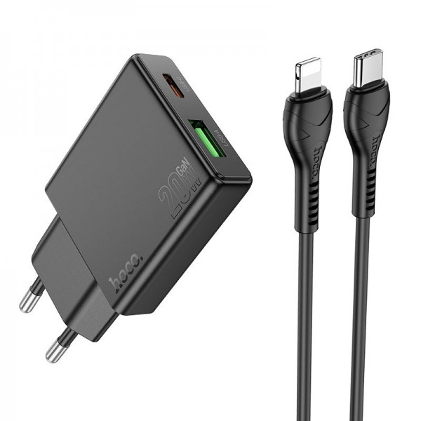 Hoco Slim Wall Charger Usb A + Type C With Type C To Lightning Cable Pd Qc3.0 3A 20W N38 Black
