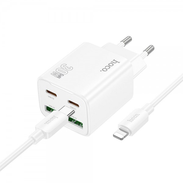 Hoco Charger 2 X Type C + 2 X Usb A + Cable Type C To Lightning Pd Qc3.0 3A 30W N56 White