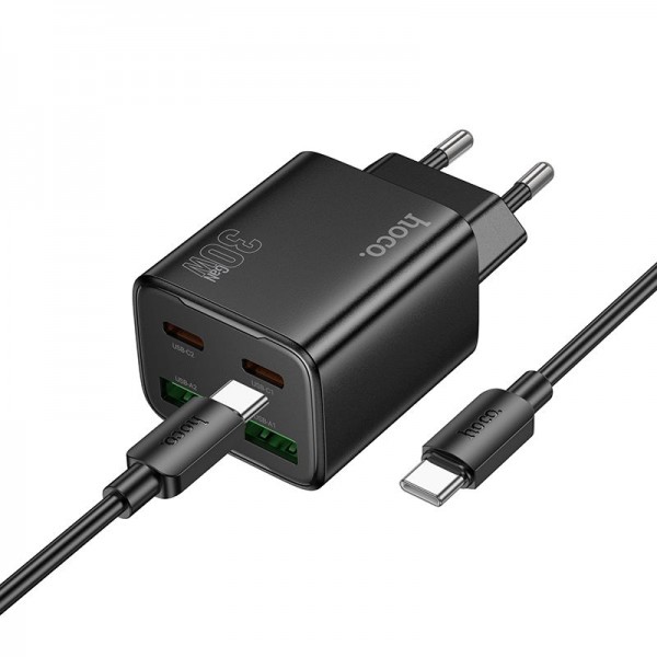 Hoco Charger 2 X Type C + 2 X Usb A + Cable Type C To Type C Pd Qc3.0 3A 30W N56 Black