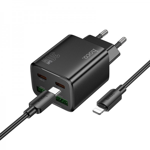 Hoco Charger 2 X Type C + 2 X Usb A + Cable Type C To Lightning Pd Qc3.0 3A 30W N56 Black