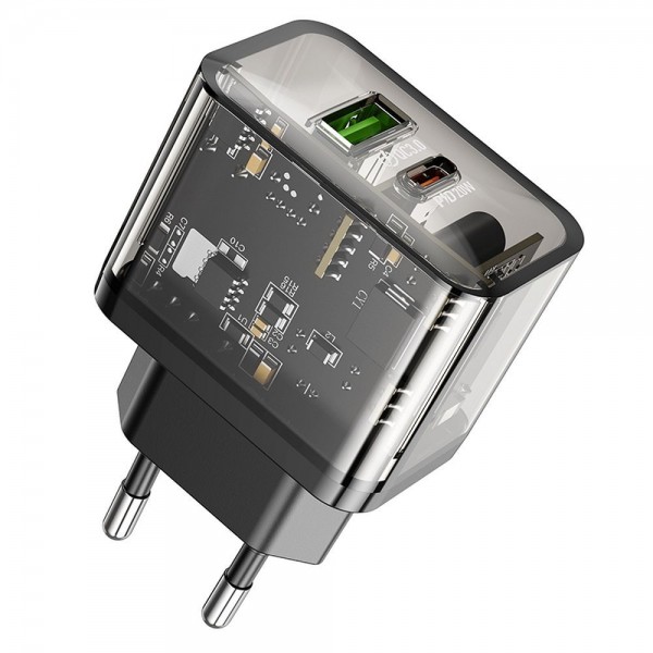 Hoco Wall Charger Usb A + Type C Pd Qc3.0 3A 20W N34 Transparent