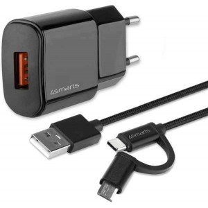 4Smarts Φορτιστής με Θύρα USB-A και Καλώδιο micro USB 18W Quick Charge 3.0 Μαύρος