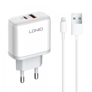 Φορτιστής δικτύου LDNIO A2526C, 45W, 1 x Type-C F, 1 x USB F, PD, QC, PPS, Καλώδιο Lightning, λευκό - 40285