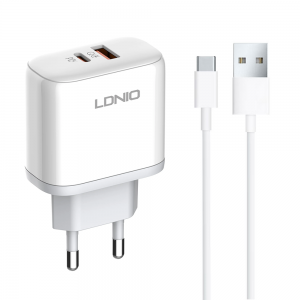 Φορτιστής δικτύου LDNIO A2526C, 45W, 1 x Type-C F, 1 x USB F, PD, QC, PPS, Καλώδιο Type-C, λευκό - 40286