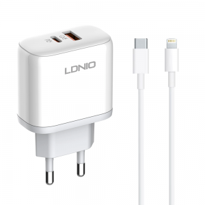 Φορτιστής δικτύου LDNIO A2526C, 45W, 1 x Type-C F, 1 x USB F, PD, QC, PPS, Καλώδιο Type-C to Lightning, λευκό - 40288