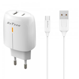 Φορτιστής δικτύου DeTech DE-31M, 20W, καλώδιο Micro USB, 1 x Type-C F, 1 x USB F, PD, λευκό - 40319