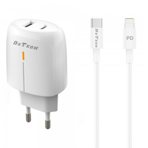 Φορτιστής δικτύου DeTech DE-31PDL, 20W,  καλώδιο Type-C to Lightning, 1 x Type-C F, 1 x USB F, PD, λευκό - 40323