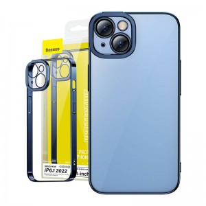 Baseus glitter transparent case and tempered glass set for iphone 14 (blue)